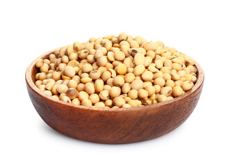 Plate with raw soy beans on white background