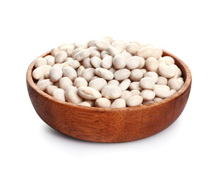 Plate with raw beans on white background