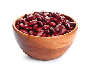 Bowl with raw beans on white background