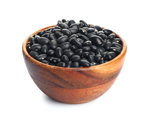 Bowl with raw beans on white background