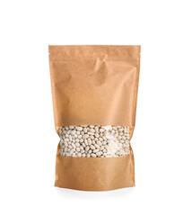 Bag with raw beans on white background