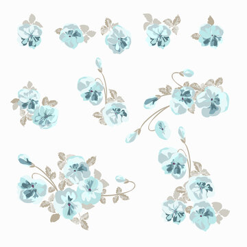 Floral arrangements in small wild flowers of violet. Set of country style bouquet. Rustic chic. Use for textile design, wallpaper, covers, surface, print, gift wrap, scrapbooking, decoupage.