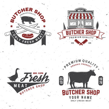 Set of butcher shop badge or label with cow, pig, goose. Vector. Vintage typography logo design with cow, pig, goose silhouette. Butchery meat shop, market, restaurant business.