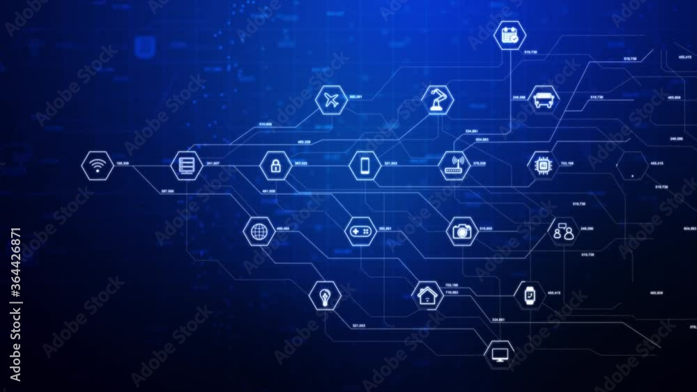 Poster internet of things icons in a hexagon shape with connection line, for cyber futuristic network and i