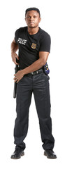 Aggressive African-American police officer on white background