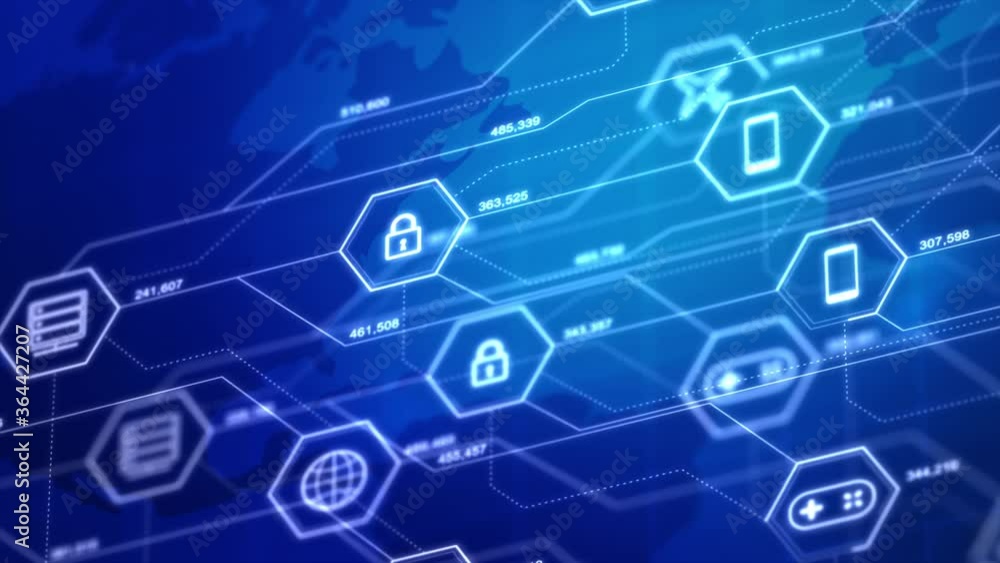 Poster internet of things icons in a hexagon shape with connection line, for cyber futuristic network and i