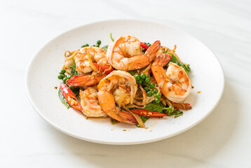 Fototapeta na wymiar stir fried holy basil with shrimps and herb