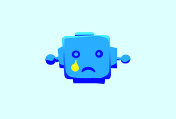 Crying robot android with emotion, artificial intelligent concept blue color. The depressed square robot in the blue background and color. AI technology and business in the future. Futuristic topic