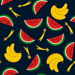 Seamless pattern with watermelons, bananas, stars on a dark night background. Repeating endless elements. Juicy and tasty fruits for a summer print. Background for textiles, packaging, postcards, etc.