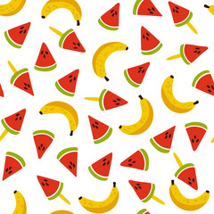 Seamless pattern with yellow bananas and slices of watermelon on a stick. Repeating endless elements. Juicy and tasty fruits for a summer print. Background for textiles, packaging, postcards, etc.