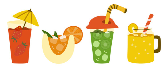 Set of cocktails for design. Juice with ice in glasses. Tubules, umbrellas, pieces of delicious fruit. Strawberries, oranges, tangerines, kiwi, bananas. Summer illustration.