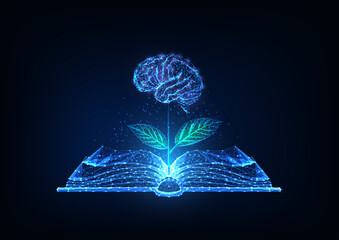 Futuristic knowledge, education, creativity concept with glowing low polygonal open book and plat with brain as a flower