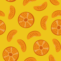 Seamless pattern with oranges and tangerines on a yellow background. Repeating endless elements. Juicy and tasty fruits for a summer print. Background for textiles, packaging, postcards, etc.
