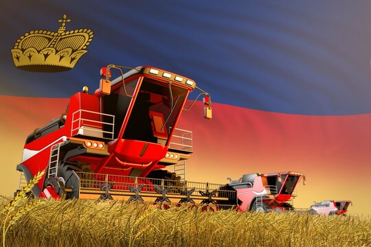 industrial 3D illustration of agricultural combine harvester working on rye field with Liechtenstein flag background, food production concept