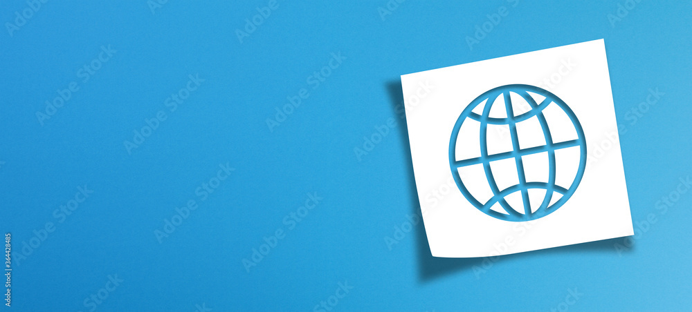 Poster note paper and world symbol with copy space on panoramic blue background