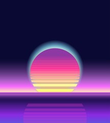 Sunrise, sunset. Retrowave, synthwave, rave, vapor, cyberpunk background. Futuristic dream. Yesterday’s tomorrow. Trendy retro 80s, 90s style. Black, purple, pink, blue colors. Banner, print wallpaper