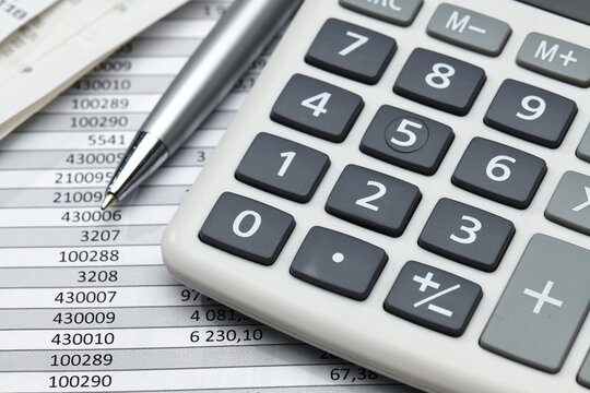 cash registers purchase receipt, calculator and financial reports, analysis and accounting, various office items for bookkeeping