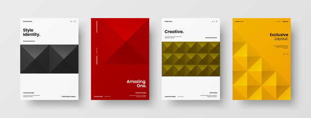 Fototapeta premium Company identity brochure template collection. Business presentation vector A4 vertical orientation front page mock up set. Corporate report cover abstract geometric illustration design layout bundle.