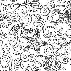 Sea life hand drawn doodle Seamless pattern . Marine vector motif . Underwater world, waves, shells, fish and algae. For fabric, Wallpaper and other surfaces