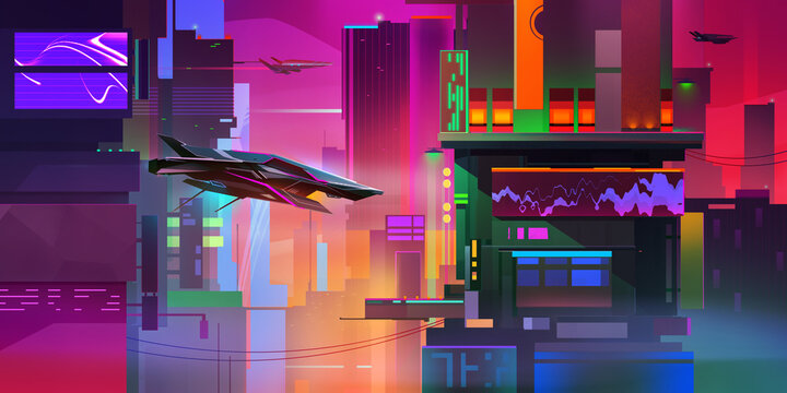 Painted Bright Cityscape Of The Future In Cyberpunk Style
