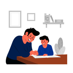 Illustration concept father and son studying at home