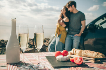 Picnic near the water. Happy family on a road trip in their car. lose-up baguette, white cheese champagne tomatoes