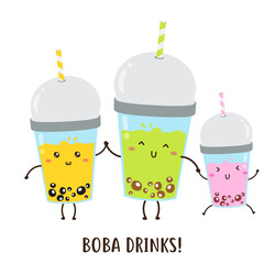 Cute happy various boba drinks vector design