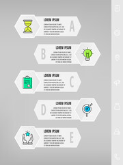 Infographics with 5 hexagons, arrows. Modern vector template. Can be used for five diagrams, business, web, banner, workflow layout, presentations, flowchart, info graph, timeline