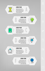 Infographics with 6 hexagons, arrows. Modern vector template. Can be used for six diagrams, web, presentations, flowchart, info graph, timeline, content, levels, processes diagram. Data visualization.