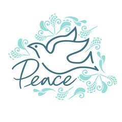 Peace word with dove and floral background vector