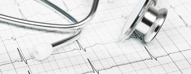 Medicine and pharmacy background. stethoscope against ECG with printed heart rate. Medical and healthcare concept. heart checkup. monochrome web banner with copy space