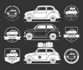 Set of small european classic car silhouettes in vintage style. Car wash, rent, travel, service, garage labels, icons, logos
