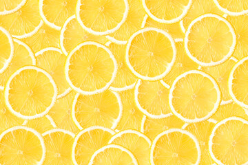 Fresh organic yellow lemon slices isolated on white background .  Lemon seamless pattern texture for nature background. Top view. Flat lay.