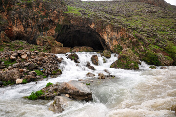 Bahcesaray-Van, Turkey - 19 May 2011: Water source of mucus river, Subasi Cave