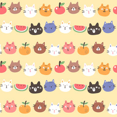 Seamless Pattern of Cartoon Cat Face and Fruit Design on Yellow Background
