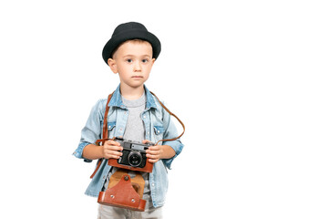 Photographer boy, child with vintage retro camera