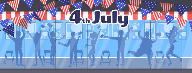 people silhouettes celebrating 4th of july american independence day celebration concept cafe exterior full length horizontal vector illustration