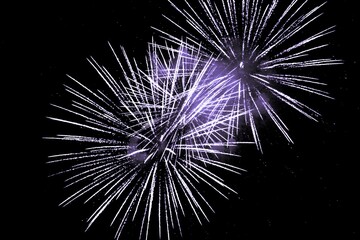 Luxury fireworks event sky show with purple big bang stars. Premium entertainment magic star firework at e.g. New Years Eve or Independence Day party celebration. Black background copyspace