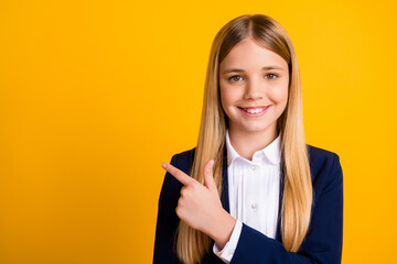 Close-up portrait of her she nice attractive cheerful long-haired schoolchild demonstrating...
