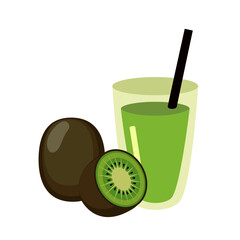 Glass of fresh kiwifruit smoothie with whole and half kiwi slice isolated on white. Vector illustration.