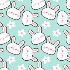 Seamless Pattern with Cartoon Rabbit Face and Flower Design on Pastel Green Background