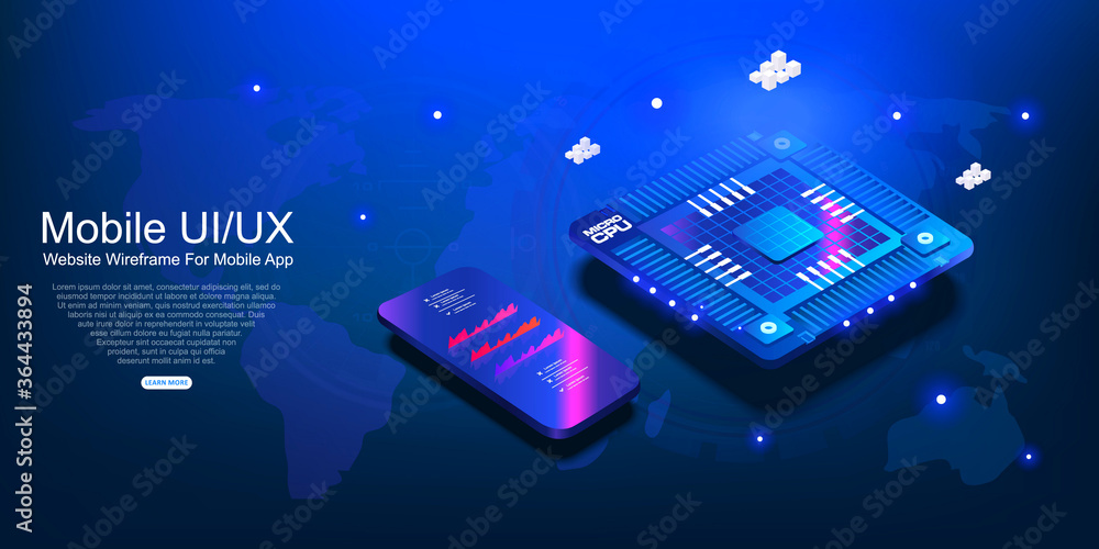 Poster futuristic microchip processor with mobile phone on dark blue background with lights. blockchain tec