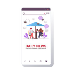visitors reading newspapers and discussing daily news during coffee break chat bubble communication concept smartphone screen mobile app copy space vector illustration