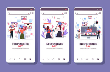 set mix race people holding usa flags celebrating 4th of july independence day concept online communication smartphone screens collection copy space horizontal vector illustration