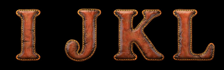 Set of leather letters I, J, K, L uppercase. 3D render font with skin texture isolated on black background.