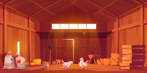Barn interior with chicken, farm house inside view. Wooden ranch with haystacks, sacks, fork, huge gate and window under roof. Traditional countryside storehouse building Cartoon vector illustration © klyaksun