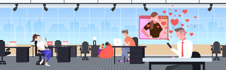businessman using smartphone chatting with girlfriend in online dating app virtual relationship social networking concept office interior horizontal vector illustration