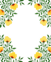 wild yellow flowers and green branches frame, great spring floral frame decoration for cards, greetings, and invitations, botanic illustration