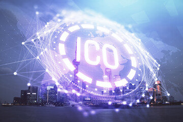 Multi exposure of cryptocurrency theme hologram drawing and city veiw background. Concept of blockchain and bitcoin.