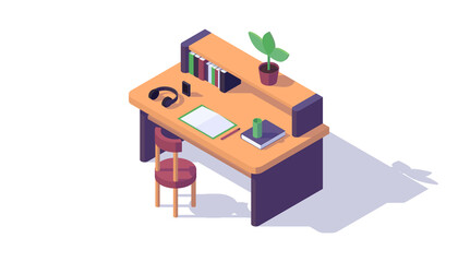 isometric work space, chair, book, plant, headphones, notebook, pen, table, isolated, vector illustration